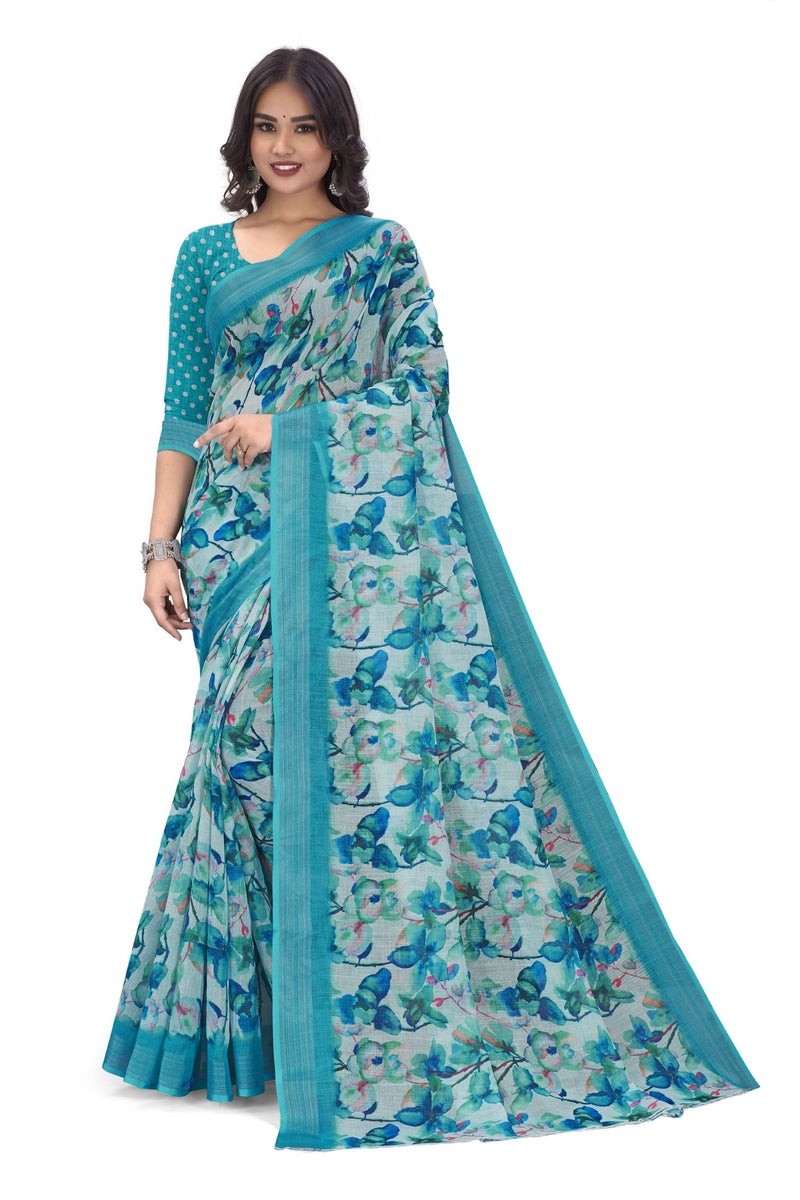 C J Enterprise Women’s Pure Soft Cotton Saree Linen For Kalamkari Silk Sarees Latest Party Design Wear Wedding Sadi With Blouse Piece Sari South Mulmul ikkat Mul Print 2025 New (Lilen Sea Sky Blue) - Image 1