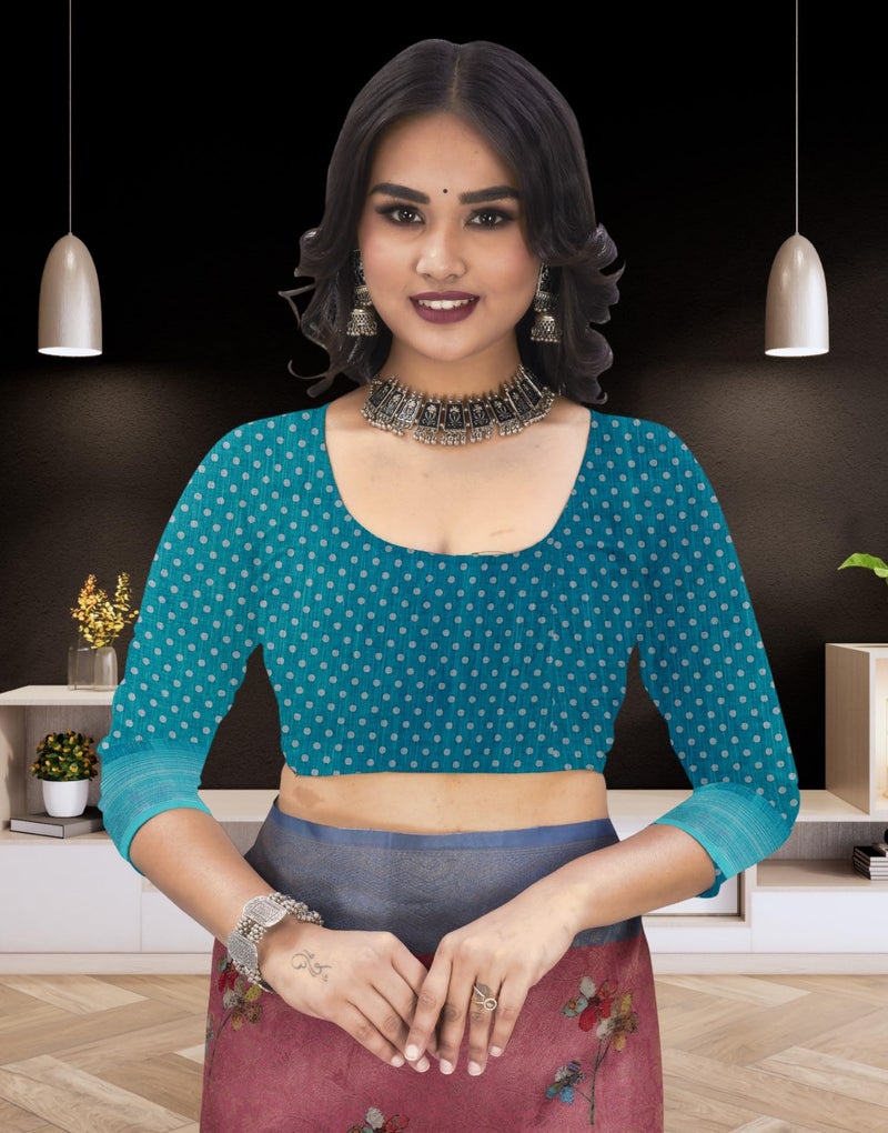 C J Enterprise Women’s Pure Soft Cotton Saree Linen For Kalamkari Silk Sarees Latest Party Design Wear Wedding Sadi With Blouse Piece Sari South Mulmul ikkat Mul Print 2025 New (Lilen Sea Sky Blue) - Image 5