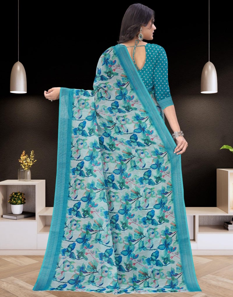 C J Enterprise Women’s Pure Soft Cotton Saree Linen For Kalamkari Silk Sarees Latest Party Design Wear Wedding Sadi With Blouse Piece Sari South Mulmul ikkat Mul Print 2025 New (Lilen Sea Sky Blue) - Image 2
