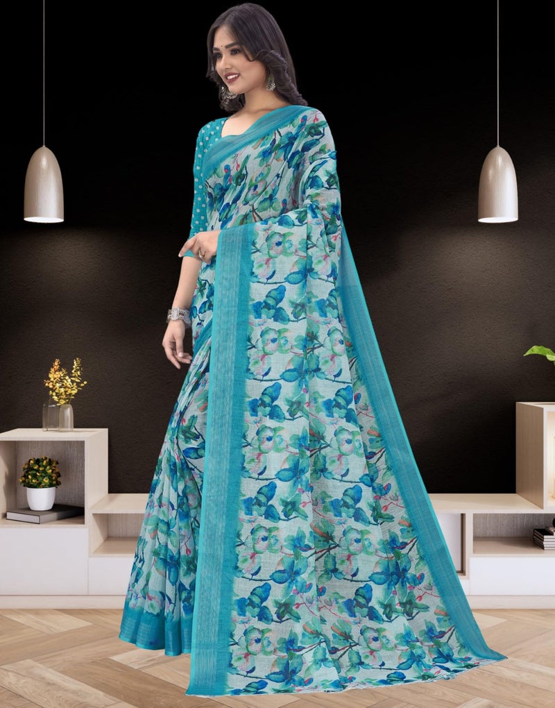 C J Enterprise Women’s Pure Soft Cotton Saree Linen For Kalamkari Silk Sarees Latest Party Design Wear Wedding Sadi With Blouse Piece Sari South Mulmul ikkat Mul Print 2025 New (Lilen Sea Sky Blue) - Image 3