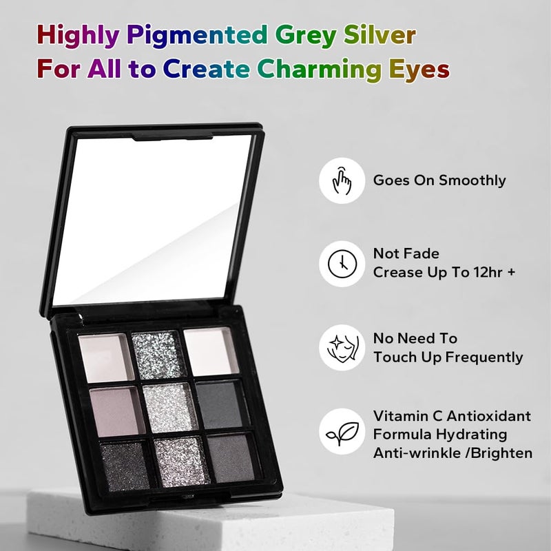 BAISEN DIARY 9 Color Smokey Eyeshadow Palette - Highly Pigmented Matte & Glitter Shades, Long-Lasting, Waterproof & Blendable, Black Silver Gray Eyeshadow Set for Sultry Glam (Reversal Star Smokey) - Image 2
