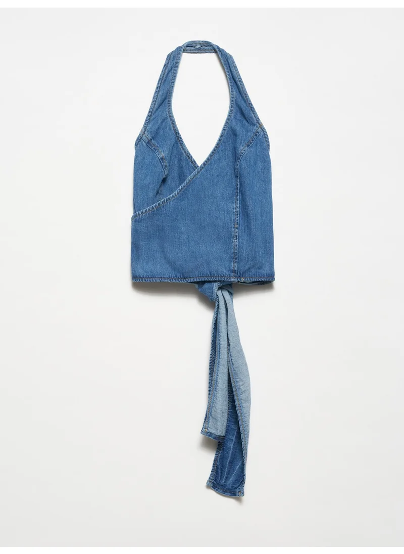 ديلفين 50705 Back Tie Denim Top-Blue