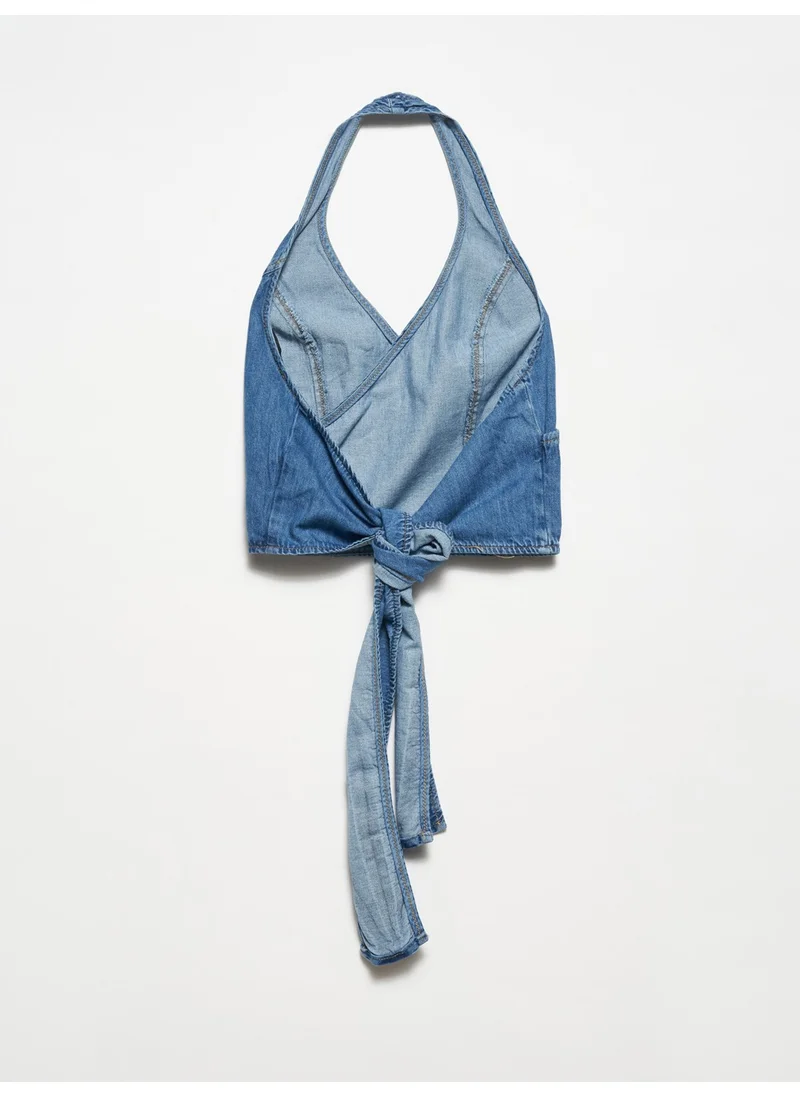 ديلفين 50705 Back Tie Denim Top-Blue