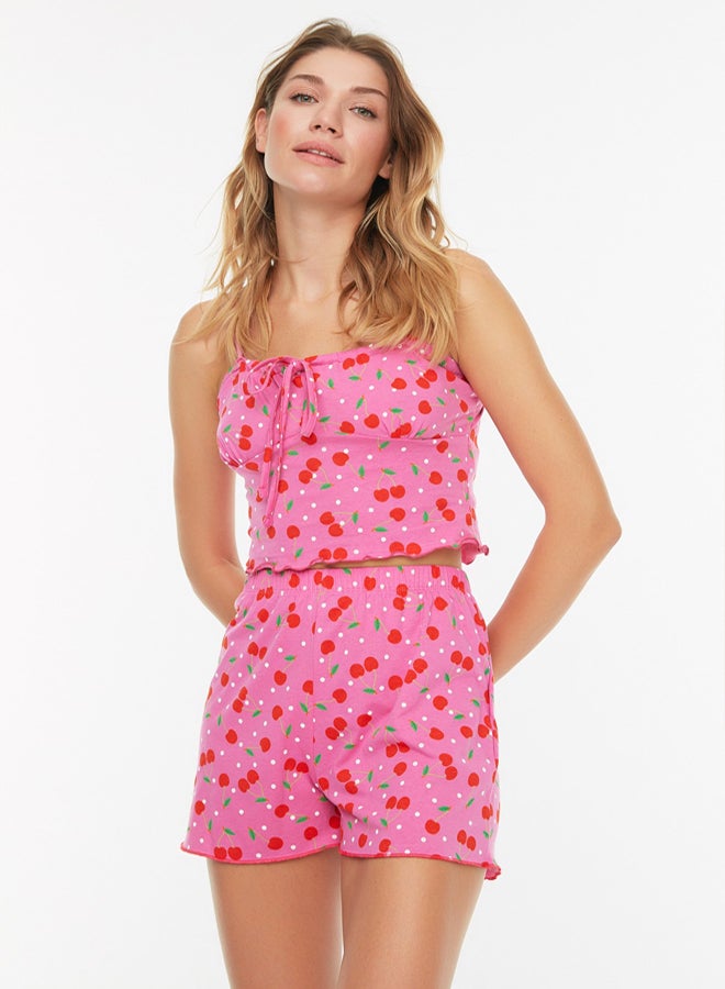 trendyol Pink % Cotton Cherry Patterned Rope Suspender Knitted Pajama Set with Shorts - Image 3