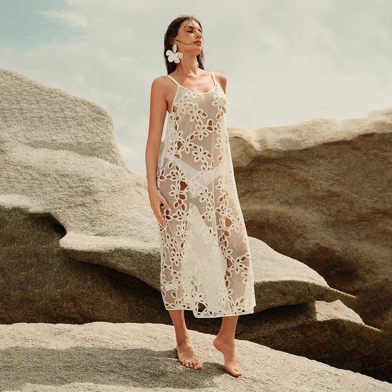 Sheer Hollow Out Beach Cover Up Bikini Sarong Dress - Image 3