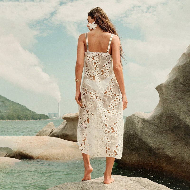 Sheer Hollow Out Beach Cover Up Bikini Sarong Dress - Image 4