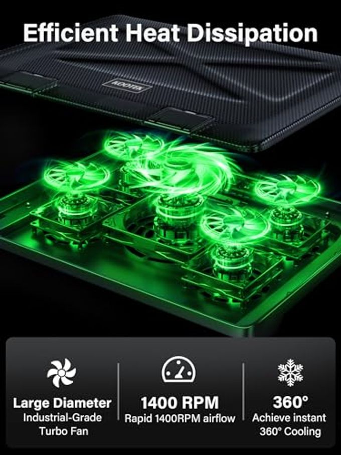 Kootek Laptop Cooling Pad, Laptop Cooler With 5 Quiet Fans For 12"-17" Computer Pc Notebook Gaming Laptop Fan, Height Adjustable Laptop Cooling Stand Laptop Accessories, Green - Image 2