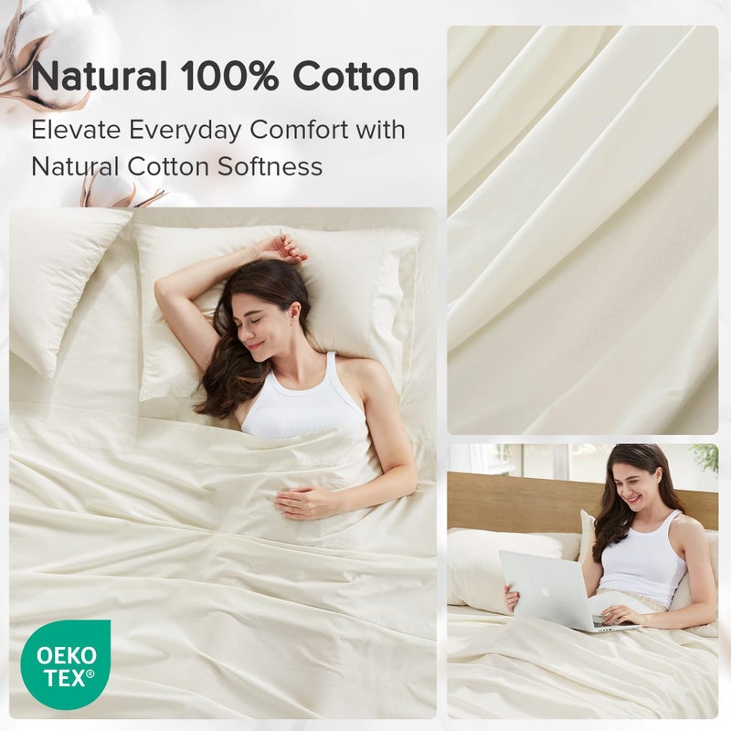 Comfort Spaces 100% Cotton Sheets Queen, Breathable, Ultra Soft Cotton Sheets, Naturally Cool Cotton Bed Sheets with 14" Elastic Pocket Fits up to 16" Mattress, All Season Sheet Set, Ivory 4 Piece - Image 5