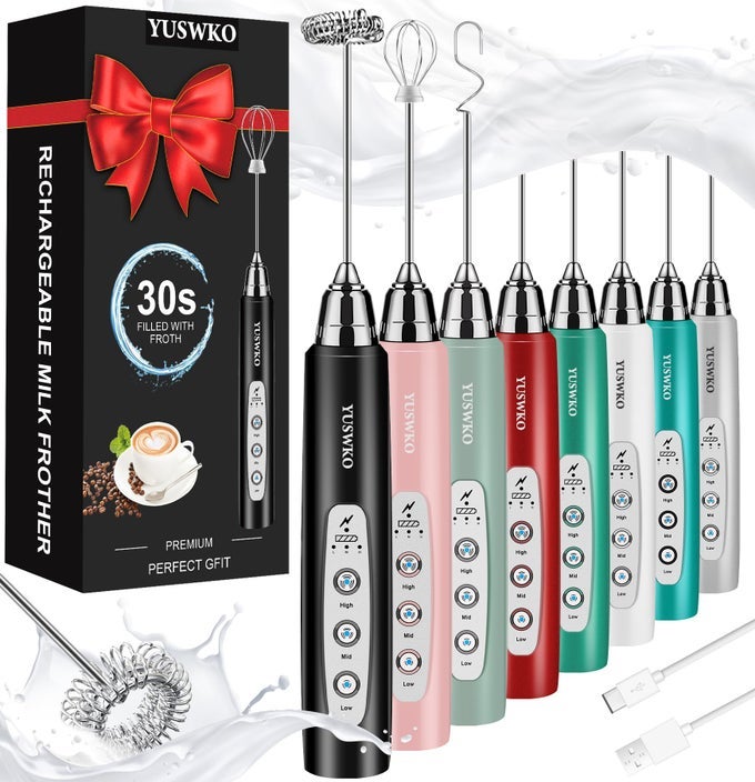 MILK FROTHER HANDHELD FOR COFFEE RECHARGEABLE DRINK MIXER WITH 3 HEADS 3 SPEEDS ELECTRIC COFFEE FROTHER WHISK GIFT FOR MANY OCCASIONS AND FESTIVAL
