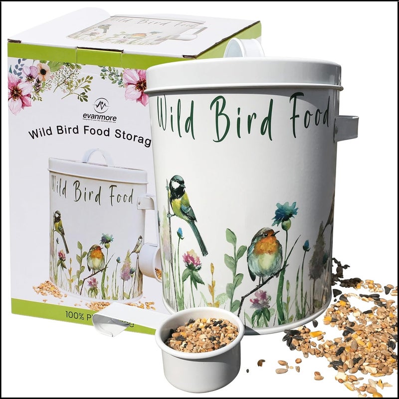 Evanmore Wild Bird Food Storage Tin Garden Birds Seed Feed Metal Container 4L (2kg) Canister With Scoop Handle Gift Box Bird Seed Storage Tin - Image 1