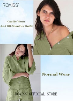 roaiss Women's Summer Two Pieces Set Solid Color Lapel Cotton Linen Shirt High-Waisted Shorts Set 2 Piece Lounge Set Button Down Long Sleeve Shirt + Stretchy Waist Shorts Loungewear  - Image 2