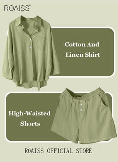roaiss Women's Summer Two Pieces Set Solid Color Lapel Cotton Linen Shirt High-Waisted Shorts Set 2 Piece Lounge Set Button Down Long Sleeve Shirt + Stretchy Waist Shorts Loungewear  - Image 5