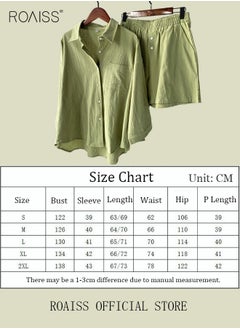 roaiss Women's Summer Two Pieces Set Solid Color Lapel Cotton Linen Shirt High-Waisted Shorts Set 2 Piece Lounge Set Button Down Long Sleeve Shirt + Stretchy Waist Shorts Loungewear  - Image 4