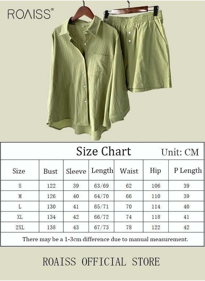 roaiss Women's Summer Two Pieces Set Solid Color Lapel Cotton Linen Shirt High-Waisted Shorts Set 2 Piece Lounge Set Button Down Long Sleeve Shirt + Stretchy Waist Shorts Loungewear  - Image 4