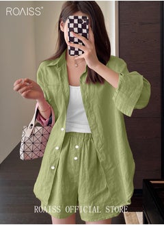 roaiss Women's Summer Two Pieces Set Solid Color Lapel Cotton Linen Shirt High-Waisted Shorts Set 2 Piece Lounge Set Button Down Long Sleeve Shirt + Stretchy Waist Shorts Loungewear  - Image 3