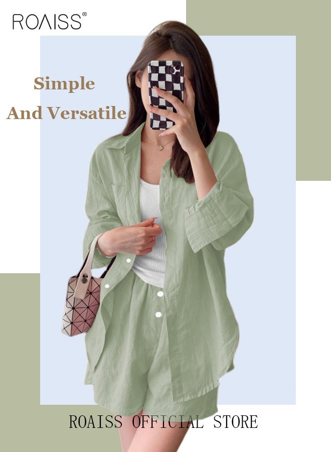 رويس مجموعة نسائية لصيف مكونة من قطعتين قميص قطني من الكَتَّان بلون سادة وياقة ذات طيات شورت عالي الخصر بنفس اللون مجموعة تتكون من قميص بأزرار وأكمام طويلة وشورت مطاطي للراحة - Image 3