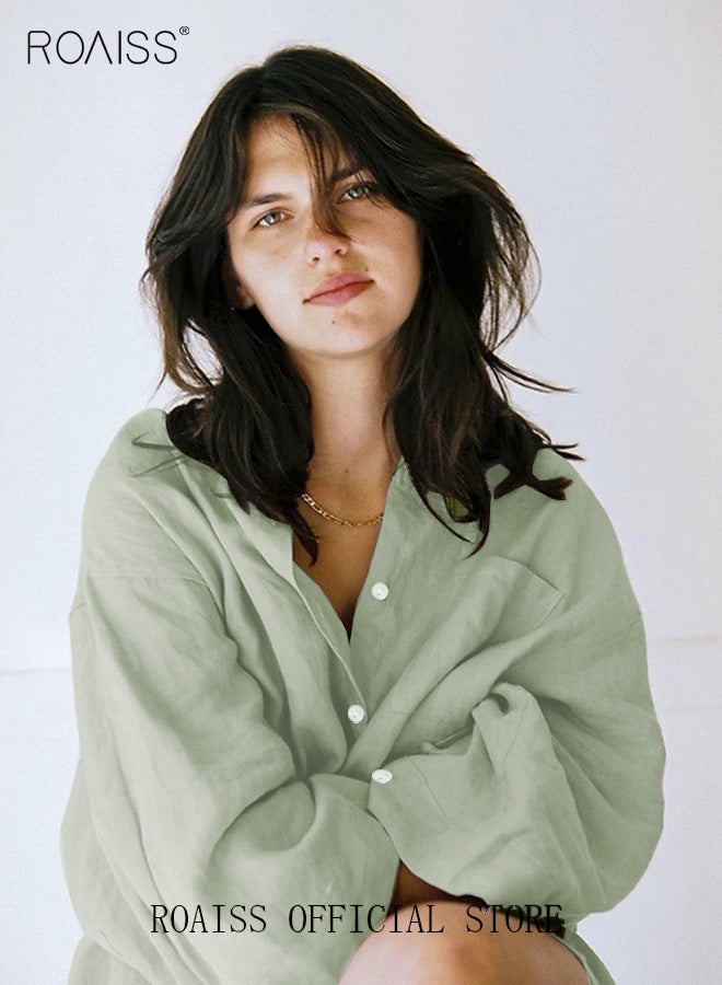 رويس مجموعة نسائية لصيف مكونة من قطعتين قميص قطني من الكَتَّان بلون سادة وياقة ذات طيات شورت عالي الخصر بنفس اللون مجموعة تتكون من قميص بأزرار وأكمام طويلة وشورت مطاطي للراحة - Image 5