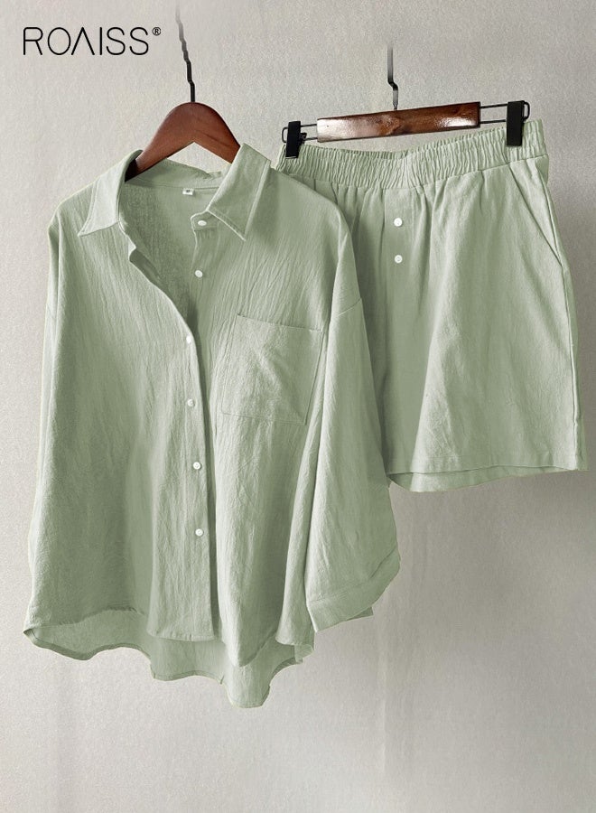 رويس مجموعة نسائية لصيف مكونة من قطعتين قميص قطني من الكَتَّان بلون سادة وياقة ذات طيات شورت عالي الخصر بنفس اللون مجموعة تتكون من قميص بأزرار وأكمام طويلة وشورت مطاطي للراحة - Image 1