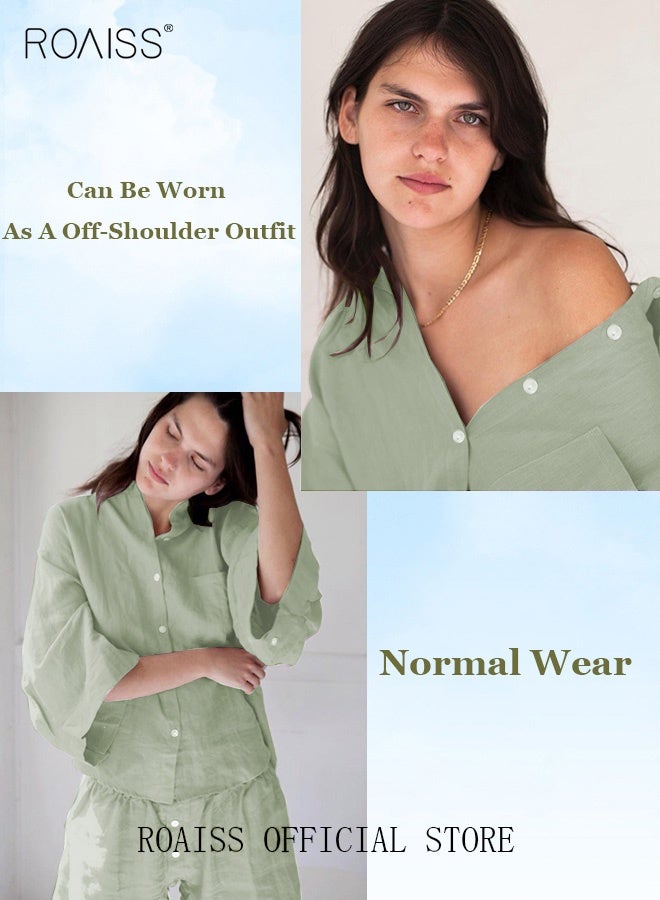 رويس مجموعة نسائية لصيف مكونة من قطعتين قميص قطني من الكَتَّان بلون سادة وياقة ذات طيات شورت عالي الخصر بنفس اللون مجموعة تتكون من قميص بأزرار وأكمام طويلة وشورت مطاطي للراحة - Image 2