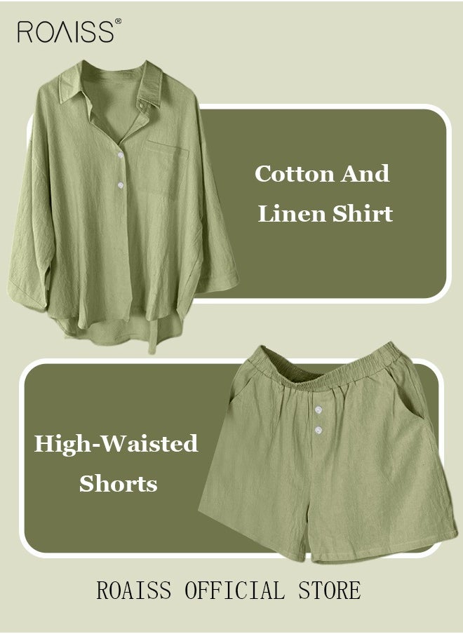 Women's Summer Two Pieces Set Solid Color Lapel Cotton Linen Shirt High-Waisted Shorts Set 2 Piece Lounge Set Button Down Long Sleeve Shirt + Stretchy Waist Shorts Loungewear - pzsku/Z3CFF1642389BFBC19237Z/45/_/1705042983/50b3bd99-d297-41ca-8a5b-b5f15db01ba2