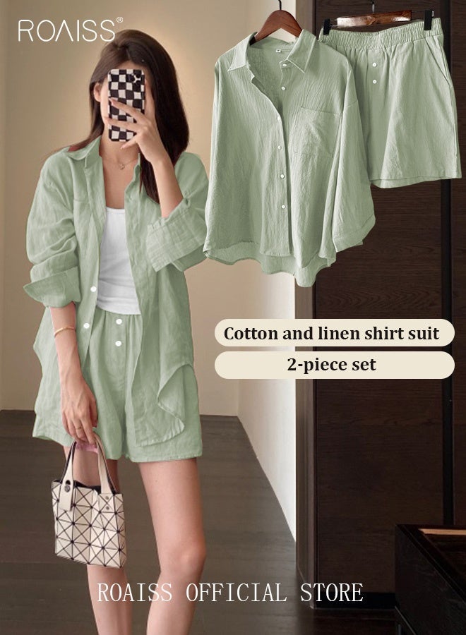 roaiss Women's Summer Two Pieces Set Solid Color Lapel Cotton Linen Shirt High-Waisted Shorts Set 2 Piece Lounge Set Button Down Long Sleeve Shirt + Stretchy Waist Shorts Loungewear - Image 1
