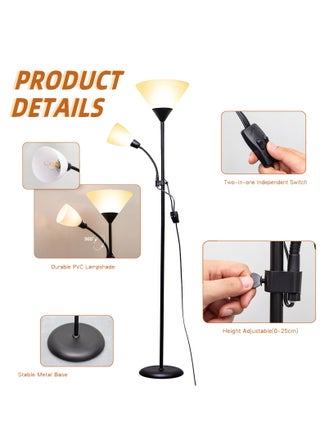 Floor Lamp with Reading Lamp, Standing Lamp Floor Height Adjustable, 6W 4W LED Bulb Included, Standing Lamp for Bedroom, Living Room, Office Black 170 cm - view 3