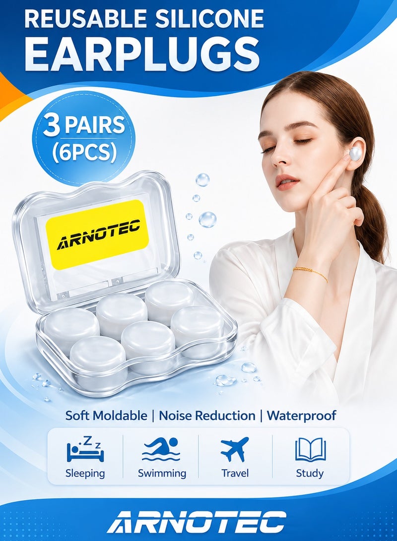ARNOTEC Reusable Silicone Earplugs, 3 Pairs (6PCS) – Soft Moldable Noise Reduction & Waterproof Ear Plugs for Sleeping, Swimming, Travel & Study, with Portable Storage Case - Image 1