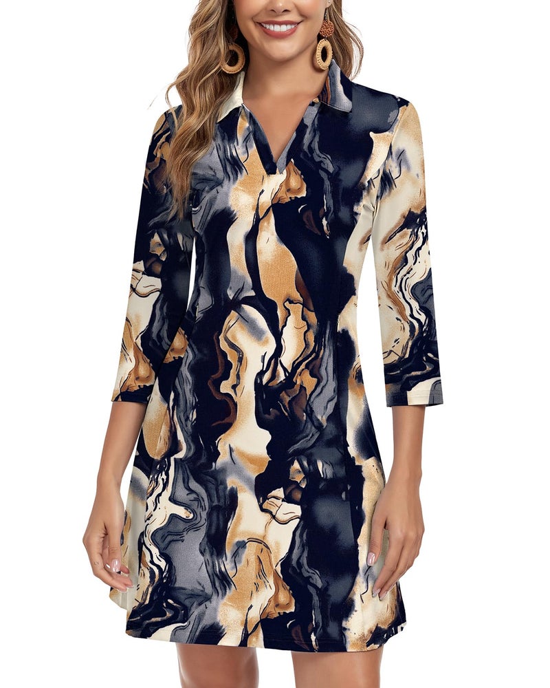WOWENY 3/4 Sleeve Dress for Women with Pockets V Neck UPF 50+ Casual Sun Dress Breathable Quick Dry Beach Vacation (Marble, L) - Image 1