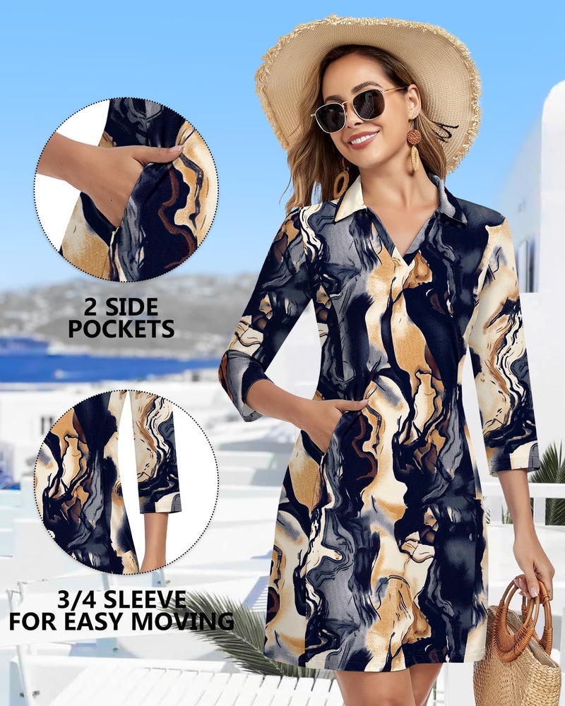 WOWENY 3/4 Sleeve Dress for Women with Pockets V Neck UPF 50+ Casual Sun Dress Breathable Quick Dry Beach Vacation (Marble, L) - Image 4