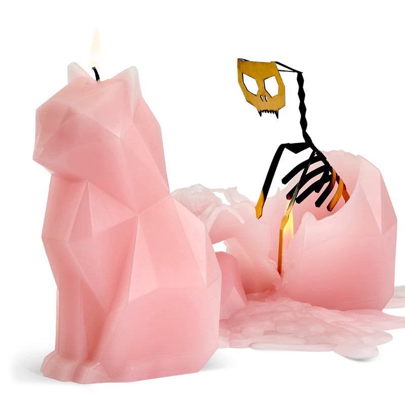 PyroPet Kisa Cat Candle Light Pink  The Original Cat Candle with Metallic Skeleton  Halloween Decor  Unique Gift for Cat Lovers  20Hr Burn Time  Dimensions 67x29x45 in