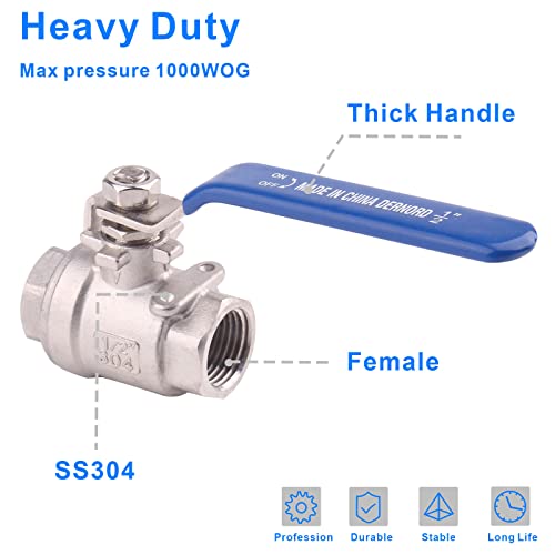 DERNORD Full Port Ball Valve Stainless Steel 304 Heavy Duty for Water, Oil, and Gas with Blue Locking Handles (1/2" NPT) - Image 2