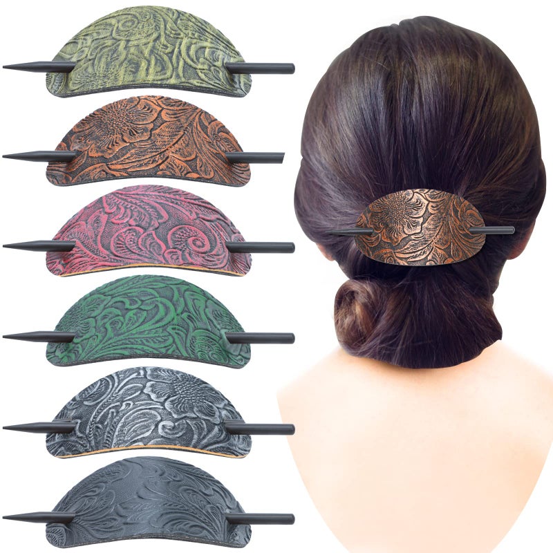 Ioffersuper 6 Pieces Leather Hair Barrettes with Stick Hair Accessories Ponytail Clips Hair Sticks and Pins for Womens Long Hair - Image 3