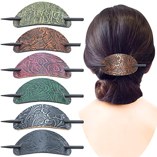 Ioffersuper 6 Pieces Leather Hair Barrettes with Stick Hair Accessories Ponytail Clips Hair Sticks and Pins for Womens Long Hair - Image 1