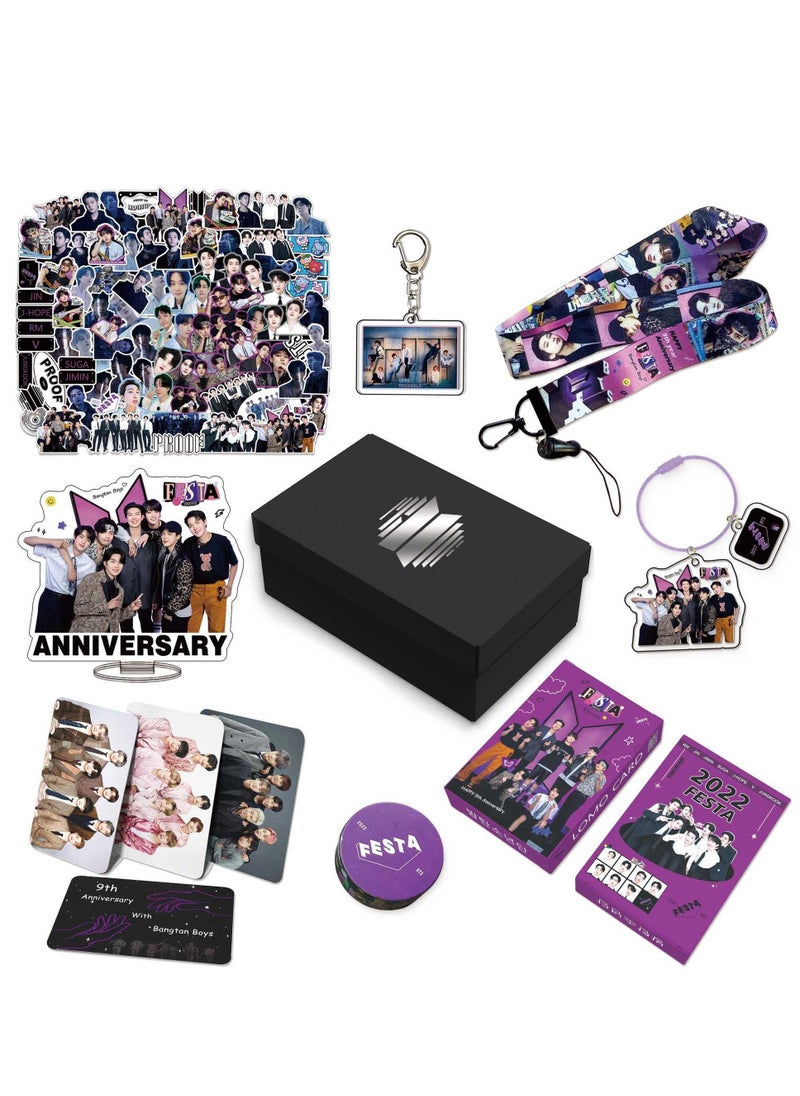 EHOME Bts 9th Anniversary Gift Box With Lomo Cards, Acrylic Stand, Hand Account Tape, Keychain, Lanyard, Stickers, Photo Card  - Image 1