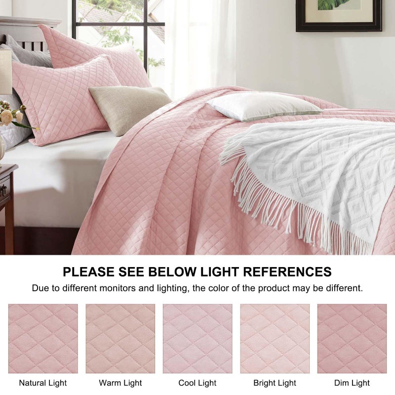 SunStyle Home Queen Quilt Bedding Set Pink, Lightweight Comforter Bedspread Blanket Full Queen Size Quilt, Durable Quilted Stitching Coverlet with 2 Pillow Shams Diamond Pattern All Seasons 3pcs - Image 3