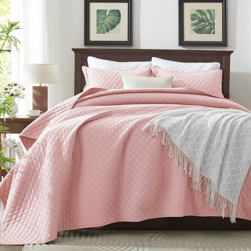 SunStyle Home Queen Quilt Bedding Set Pink, Lightweight Comforter Bedspread Blanket Full Queen Size Quilt, Durable Quilted Stitching Coverlet with 2 Pillow Shams Diamond Pattern All Seasons 3pcs - Image 5