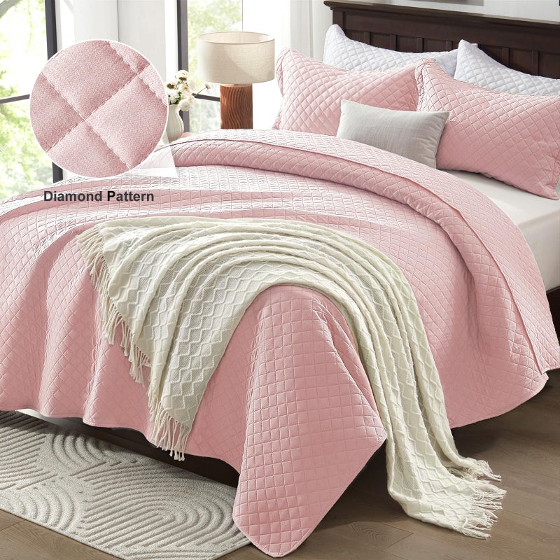 SunStyle Home Queen Quilt Bedding Set Pink, Lightweight Comforter Bedspread Blanket Full Queen Size Quilt, Durable Quilted Stitching Coverlet with 2 Pillow Shams Diamond Pattern All Seasons 3pcs - Image 2