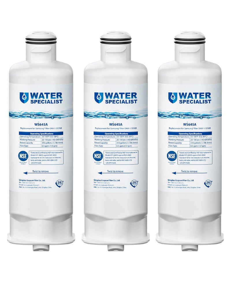Waterspecialist فلتر مياه ثلاجة بديل Waterspecialist DA97-17376B لـ Samsung HAF-QIN/EXP، HAF-QIN، RF28T5001SR، DA97-08006C، RS27T5200SR، RF28R7351SG، RF24R7201SR، RF27T5201SR، WS645A (عبوة من 3)  - Image 1