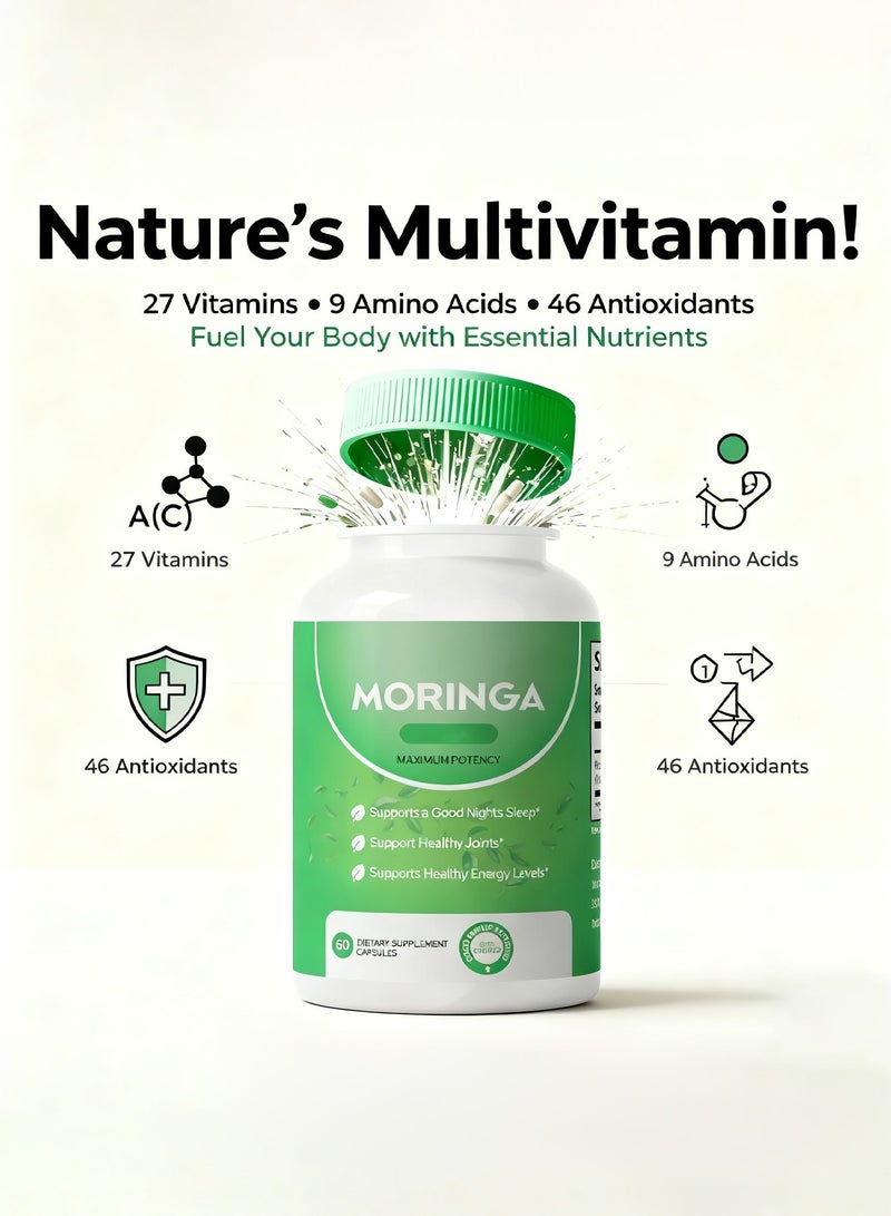 مورينجا كبسولات المورينجا، كبسولات نباتية، مسحوق المورينجا النقي، طاقة، صحة الجلد والمناعة والأمعاء، غذاء خارق، غني بمضادات الأكسدة، فيتامينات أساسية وأحماض أمينية، مكمل غذائي طبيعي أخضر خارق، 60 كبسولة - Image 2