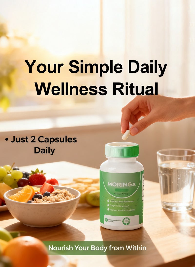 مورينجا كبسولات المورينجا، كبسولات نباتية، مسحوق المورينجا النقي، طاقة، صحة الجلد والمناعة والأمعاء، غذاء خارق، غني بمضادات الأكسدة، فيتامينات أساسية وأحماض أمينية، مكمل غذائي طبيعي أخضر خارق، 60 كبسولة - Image 3