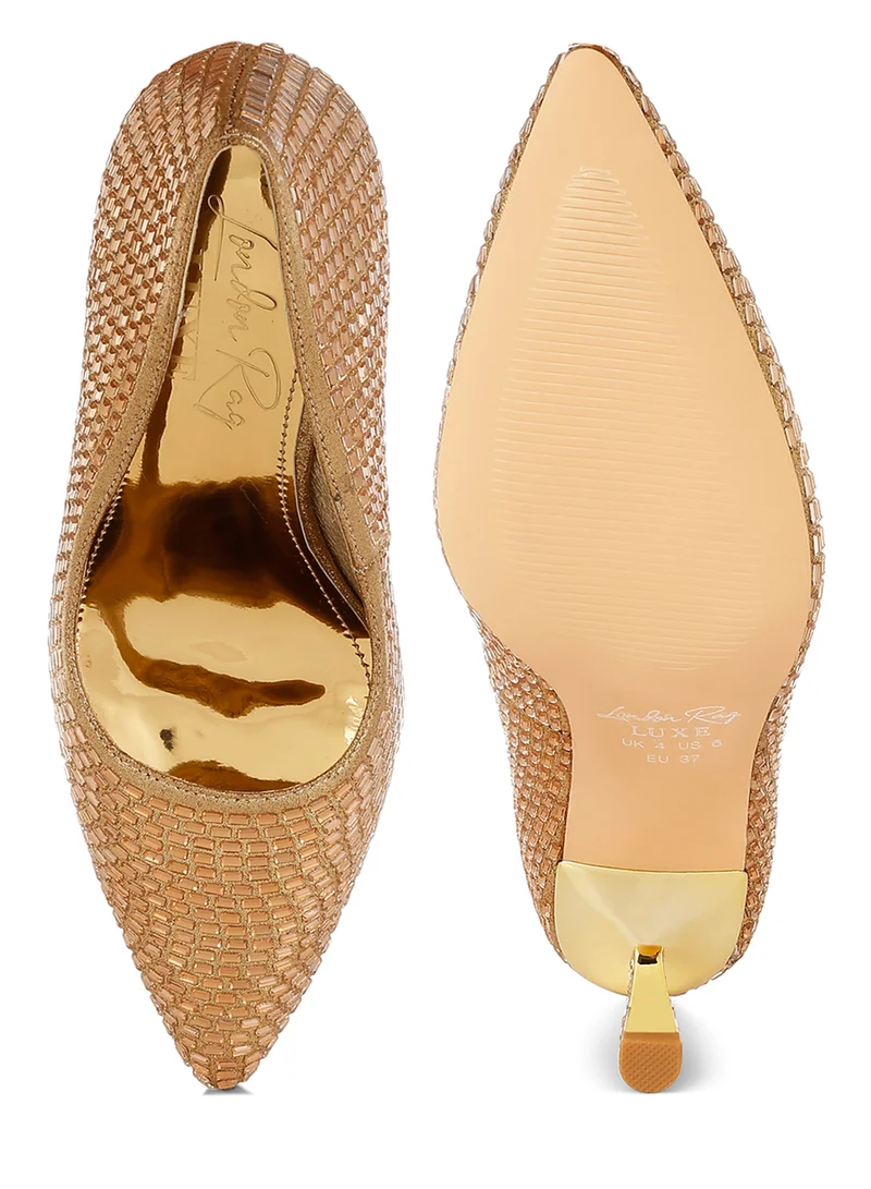 London Rag Rhinestones Embellished Pumps in Beige Gold