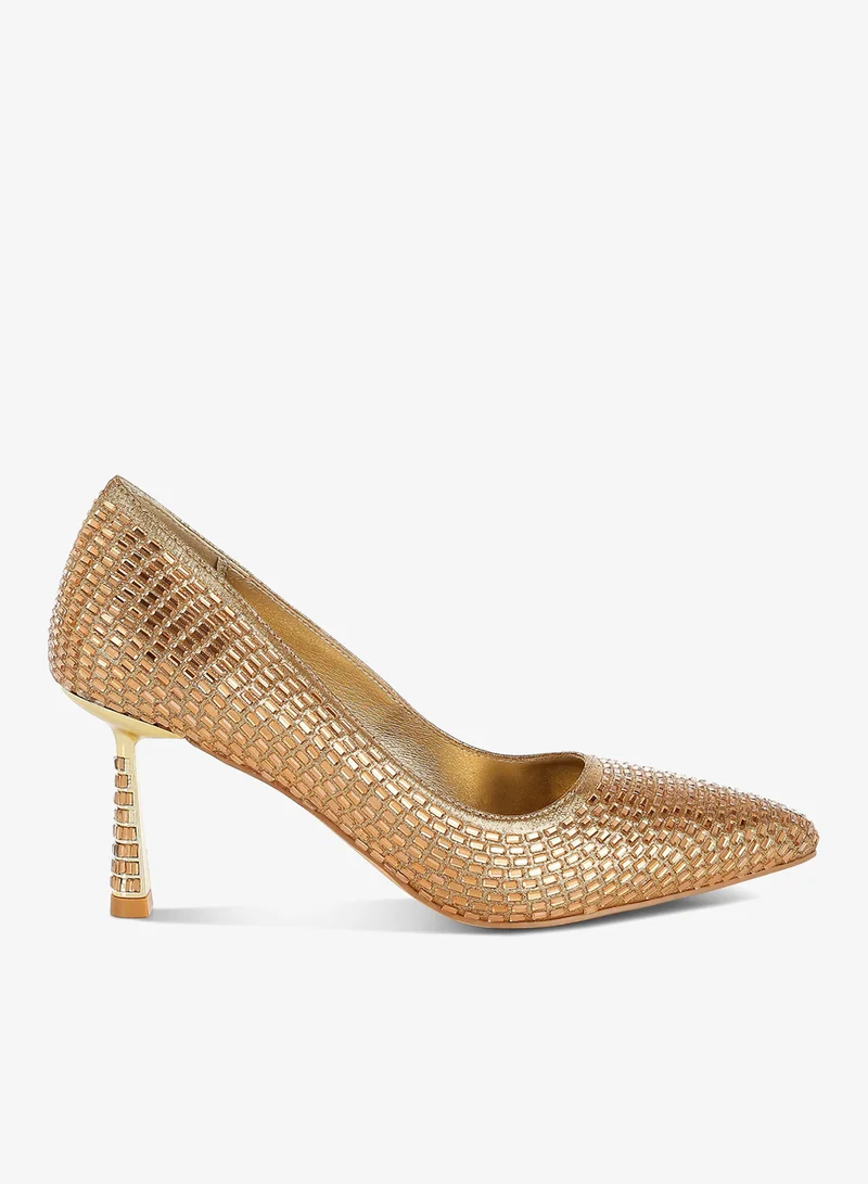 Rhinestones Embellished Pumps in Beige Gold