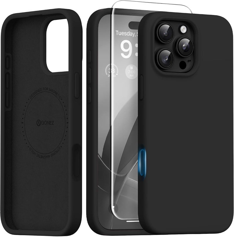 GONEZ Magnetic for iPhone 16 Pro Case, Compatible with MagSafe, [Screen Protector + Camera Lens Protector], Silicone Shockproof Anti-Scratch Protective Phone Case 6.3 inch, Black - Image 1