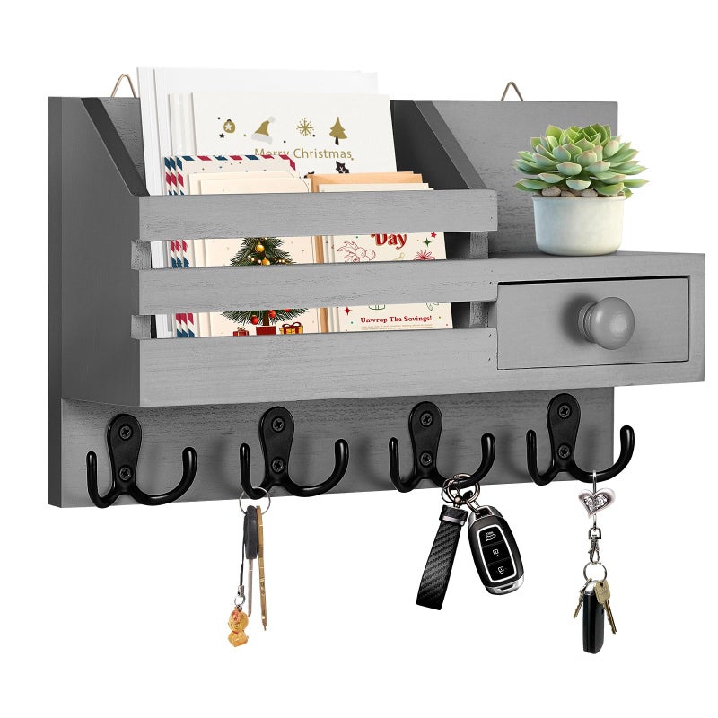HOMEBROS Key Holder Wall Mount, Wooden Adhesive Mail and Key Organizer with Drawer, Small Shelf, 8 Hooks, 2 Installation Methods, Gray - Image 1