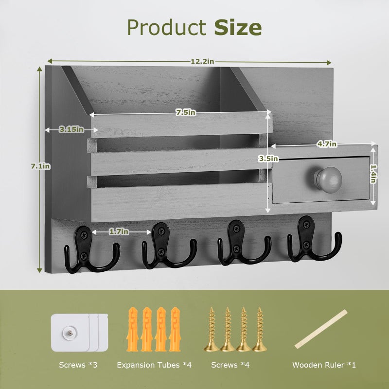 HOMEBROS Key Holder Wall Mount, Wooden Adhesive Mail and Key Organizer with Drawer, Small Shelf, 8 Hooks, 2 Installation Methods, Gray - Image 5