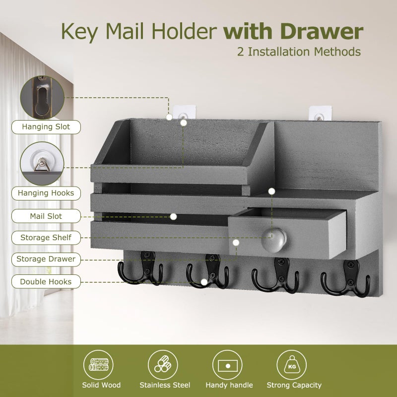 HOMEBROS Key Holder Wall Mount, Wooden Adhesive Mail and Key Organizer with Drawer, Small Shelf, 8 Hooks, 2 Installation Methods, Gray - Image 3
