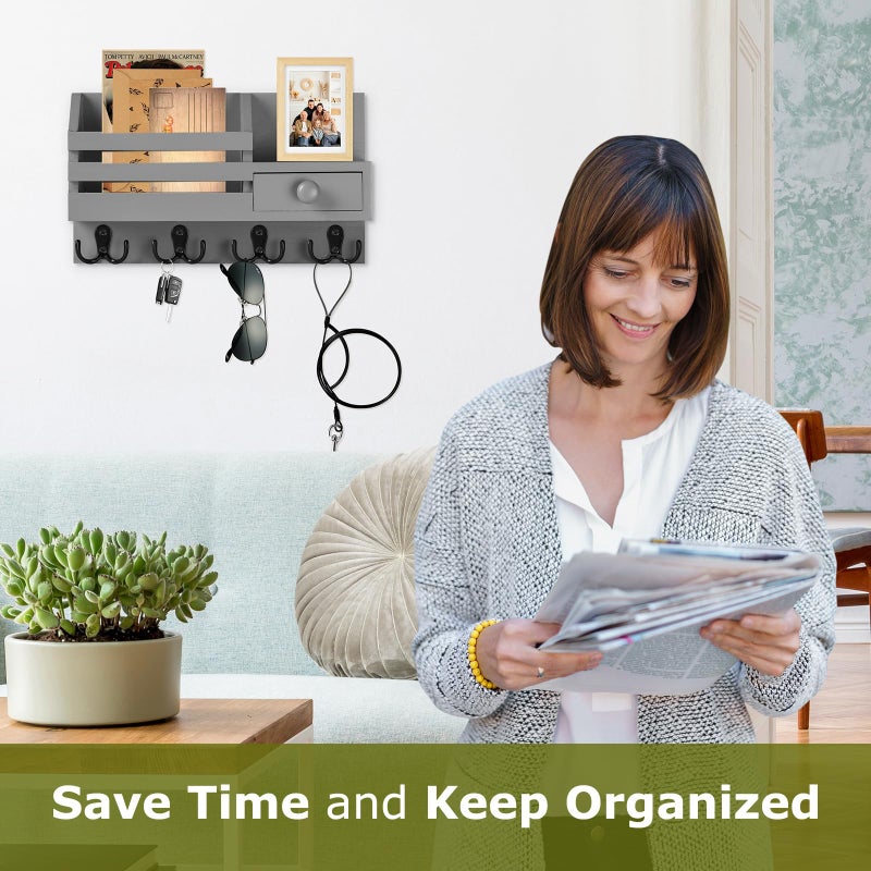 HOMEBROS Key Holder Wall Mount, Wooden Adhesive Mail and Key Organizer with Drawer, Small Shelf, 8 Hooks, 2 Installation Methods, Gray - Image 2