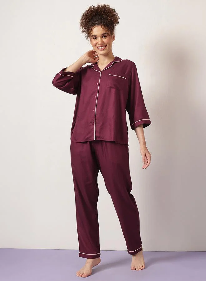 Clovia Maroon Knitted Solid Pyjama Set