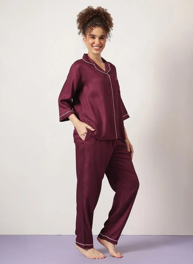 Clovia Maroon Knitted Solid Pyjama Set