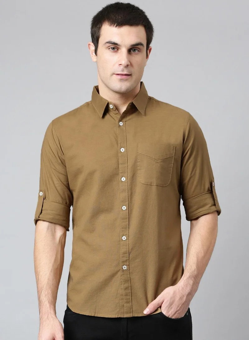 Slim Fit Brown Men's Solid Shirt, Spread Collar, Full Sleeves, 100% Cotton,